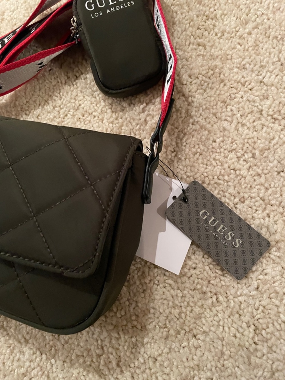 Guess Olive Green Mini Crossbody with Black, Red & White Logo Strap - Picture 4 of 13